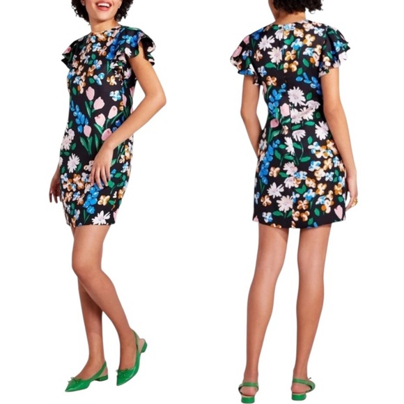 Kate Spade Silk Twill Meadow Floral Sheath Mini Dress In Black Multicolor Size 4 - Picture 2 of 16
